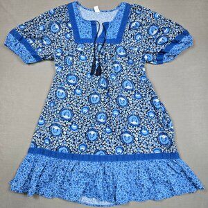 Old Navy Small Blue Floral Boho Peasant Dress Tassel Ruffle Hem